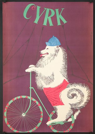 a poster of a dog riding a bicycle