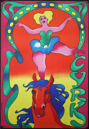 a poster with a woman standing on a horse