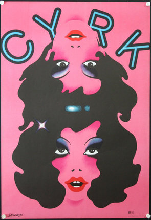 a poster of a woman with black hair and pink lips