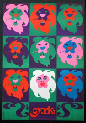a colorful poster with lion faces