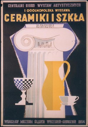 a poster with a vase and cup