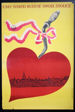 a poster of a heart with a city in the background