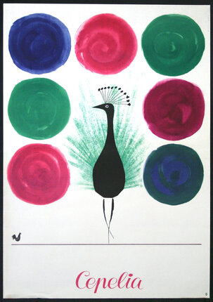 a poster with a peacock and colorful circles