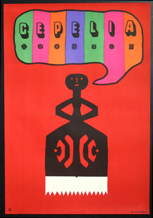 a poster with a black figure and colorful speech bubble
