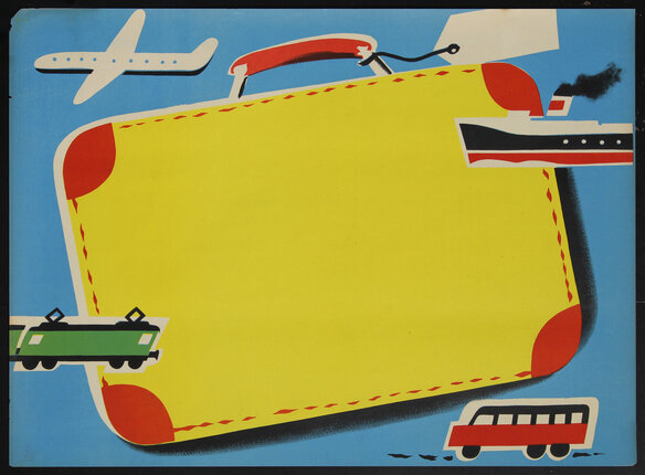 a yellow suitcase surrounded by a plane, train, bus and ship