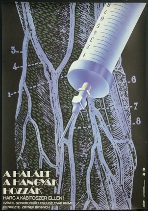 a poster with a syringe and map