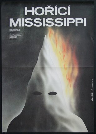 a poster of a ghost with a white face and flames