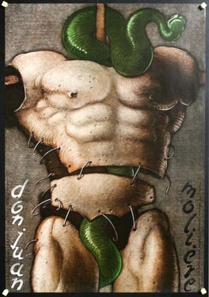 a painting of a muscular man with a snake on his head