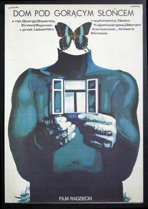 a poster of a man holding a window