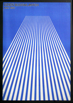 a blue and white poster with white lines