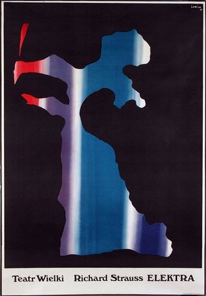 a poster of a man with a red white and blue line