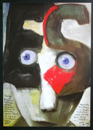 a painting of a cat with blue eyes and a red mask