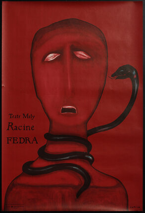 a red poster with a black snake around a person's head