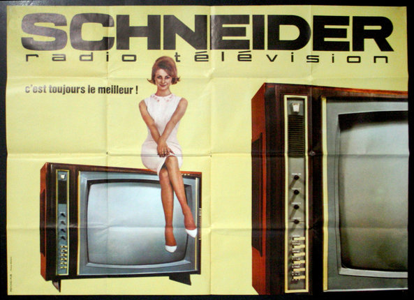 a poster of a woman sitting on a television
