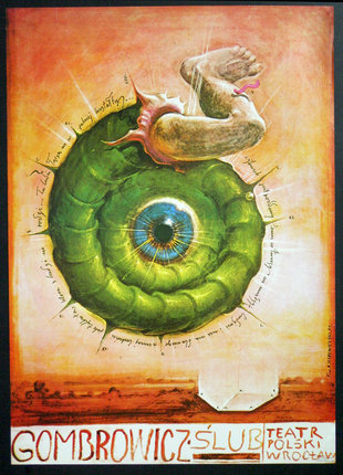 a poster with a green spiral and a blue eye