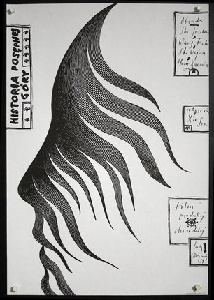 a black and white poster with a long hair