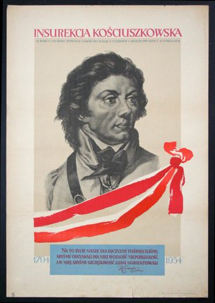 a poster of a man with a red ribbon