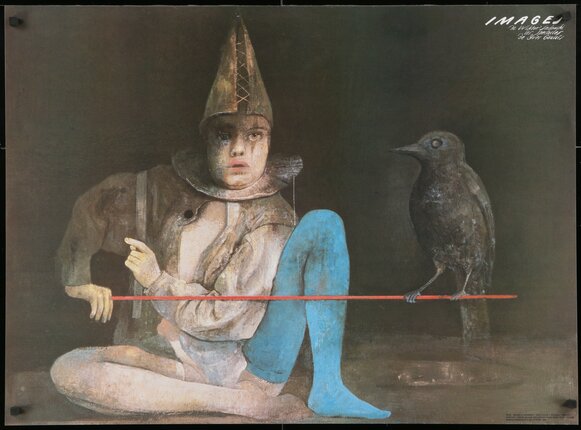 a painting of a person with a bird on a red rope