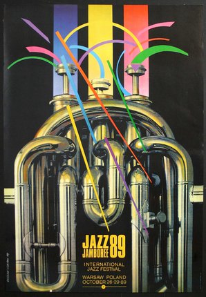 a poster with colorful lines and a trumpet