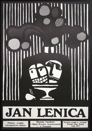 a black and white poster with two faces