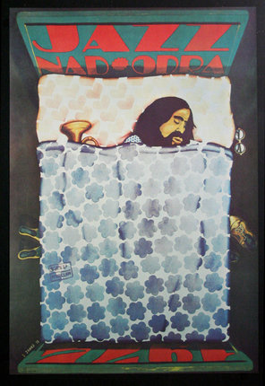 a poster of a man sleeping in bed