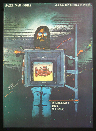 a poster of a man holding a tv