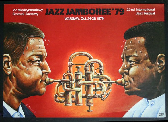 a poster of two men playing a trumpet