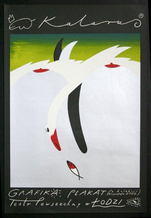 a white birds with red beaks and a black frame