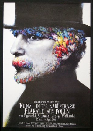 a poster of a man with colorful feathers on his hair