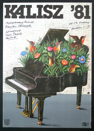 a poster with a piano and birds