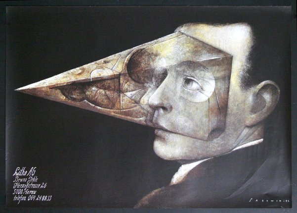 a painting of a man with a triangular face