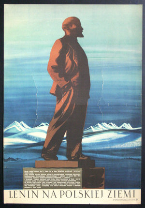 a poster of a man standing on a pedestal