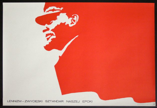 a red and white poster with a man in sunglasses