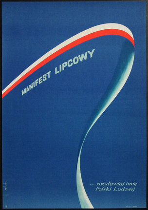 a blue poster with red and white stripes