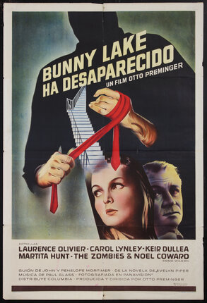 a movie poster with shadowy figure menacingly winding a red tie around their arm with a concerned woman and a man in the foreground