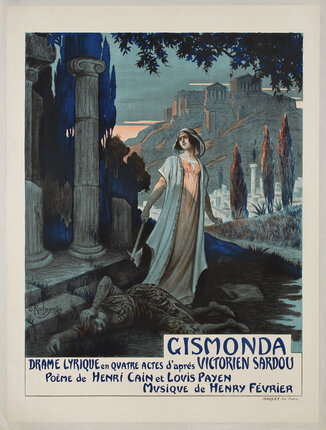 a poster of a woman in a long dress holding an axe and standing over a body with an ancient city behind her