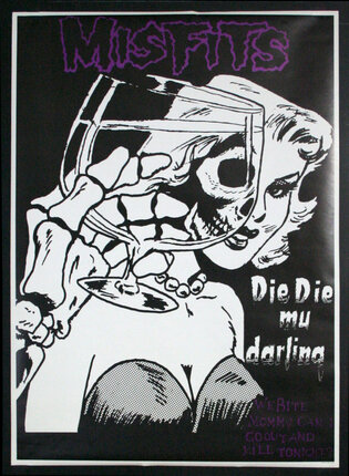 a poster with a skeleton holding a glass of wine