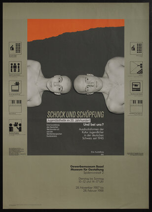 a poster with text and an arial view of two bald people lying down opposite each other with their heads nearly touching