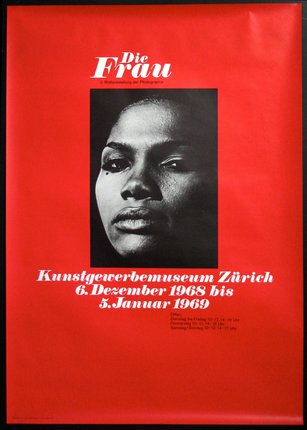 a red poster with a woman's face