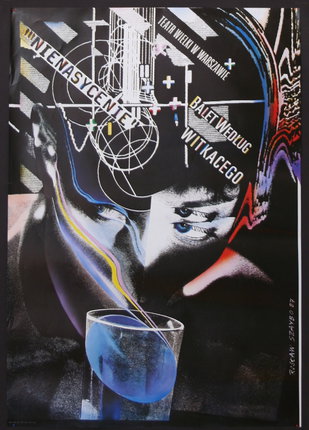 a poster with a person's face and a glass of liquid