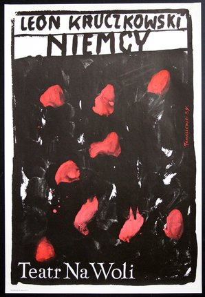 a poster with red paint on it