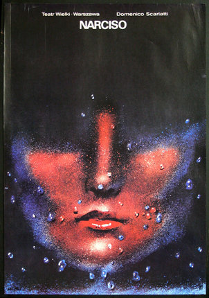 a poster of a woman's face with red and blue paint