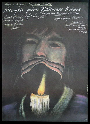a poster with a man's face and a candle