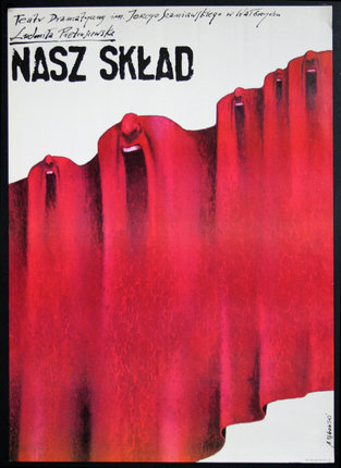 a poster with red curtains