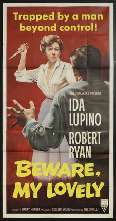 a movie poster with an irritated woman brandishing a knife at a man with his hand open and with his back to us