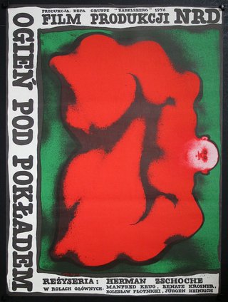 a poster with a red and green background