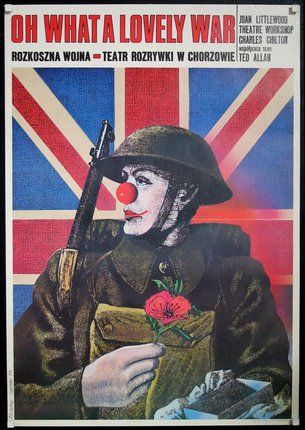 a poster of a soldier holding a gun and a red nose