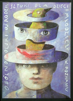 a poster with a painting of a man with glasses on top of his head