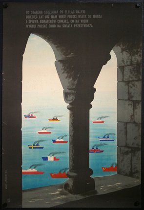 a poster of a ship in the water