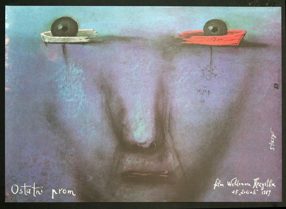 a poster of a face with eyes and a red boat